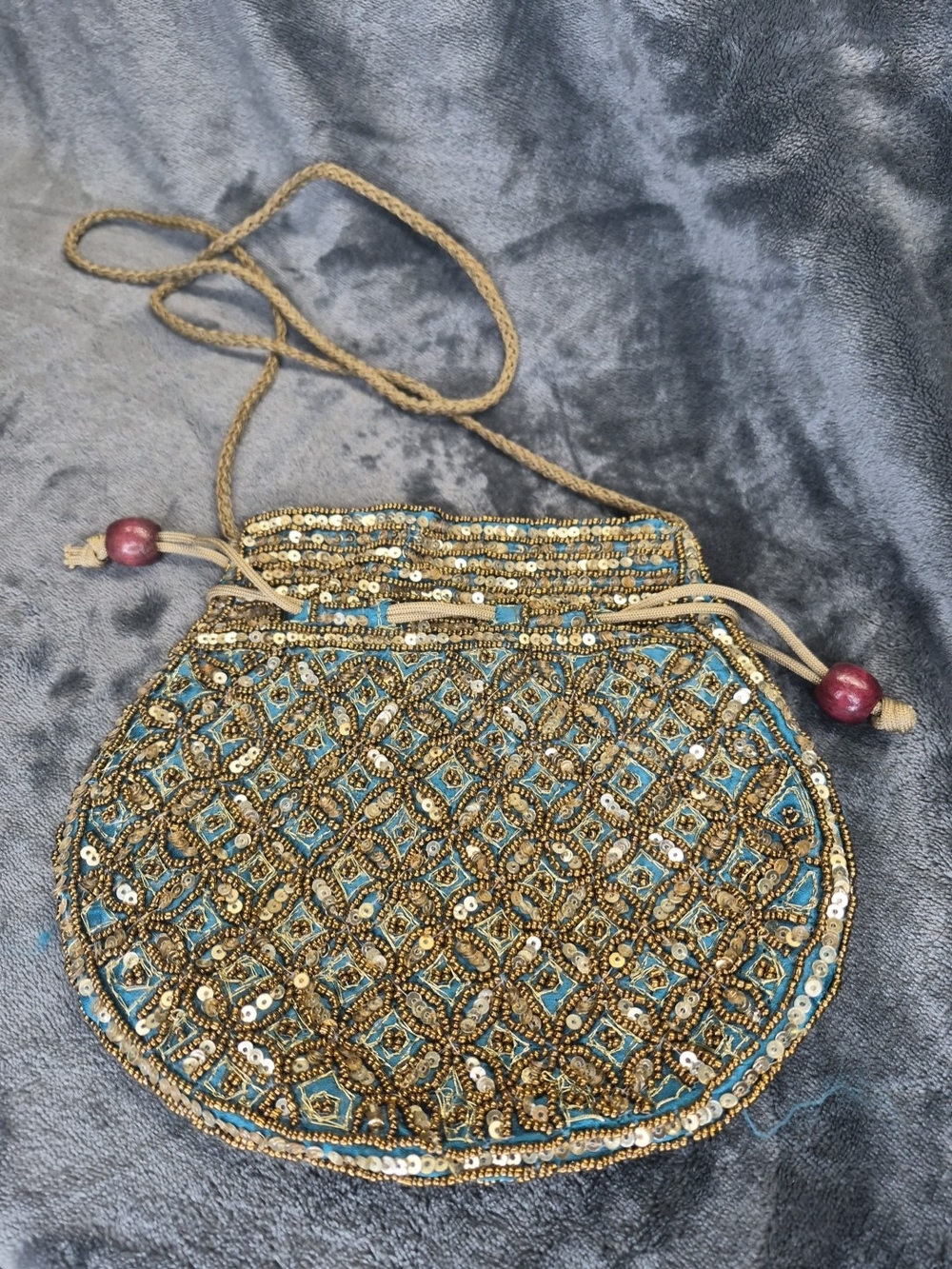 Traditional Potli Blue SilkAnd Copper Beaded/Sequin Pouch Crossbody India